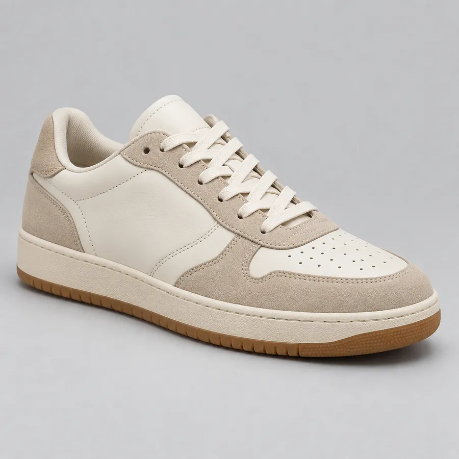 Sneaker concept in a neutral colorway: off-white leather upper, beige overlays, gum outsole
