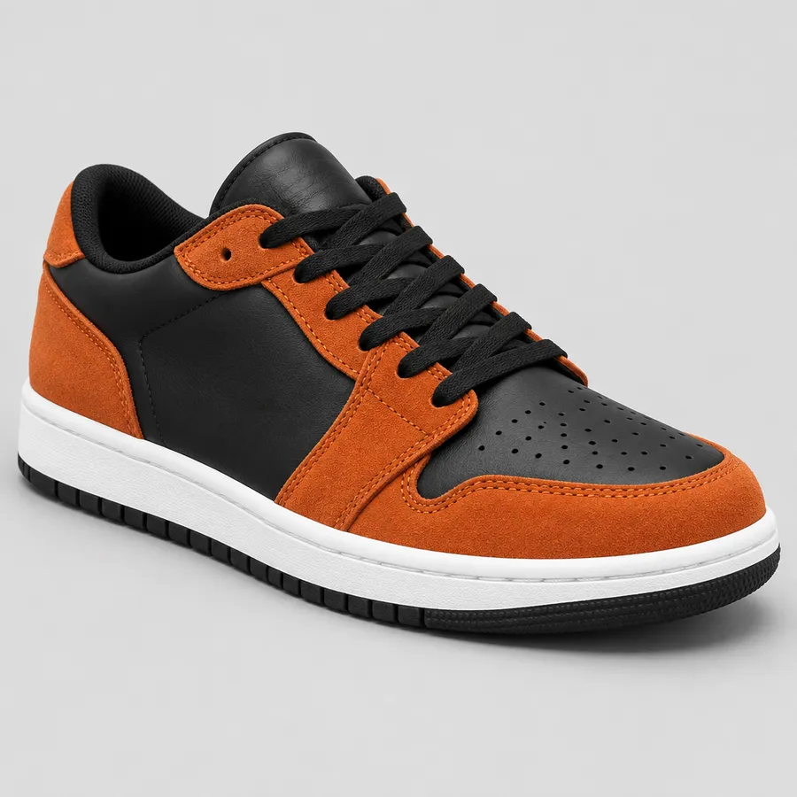 Same sneaker shape in a high-contrast colorway: black upper, rust-orange overlays, white midsole
