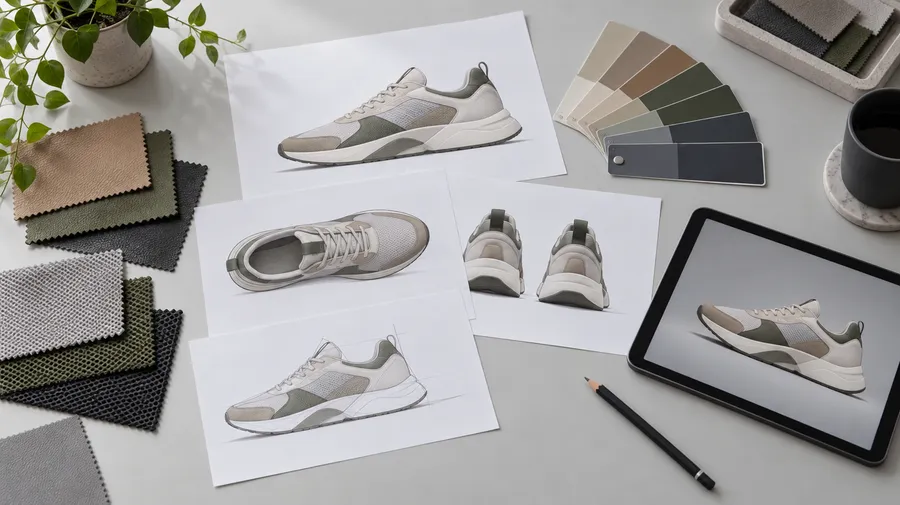 Desk flat lay with printed shoe renders, leather and mesh swatches, color chips and a tablet