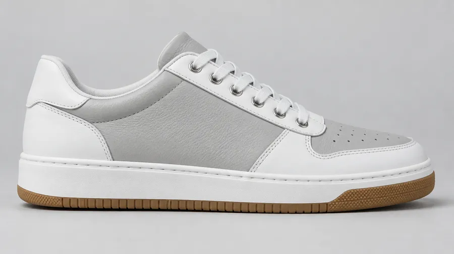 Side profile of a gray and white sneaker concept showing upper, midsole, outsole, laces, eyelets