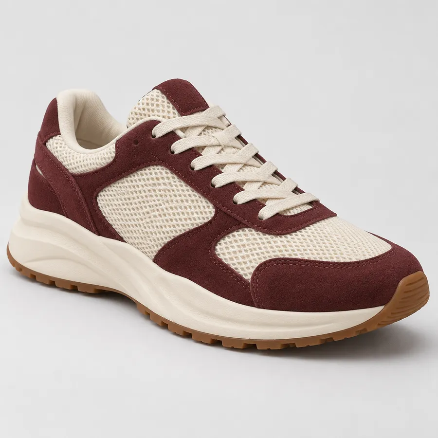 Low-top sneaker concept with cream mesh upper, burgundy suede overlays and gum outsole