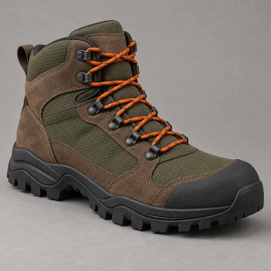 Mid-cut hiking boot concept in olive ripstop with brown suede panels and orange laces