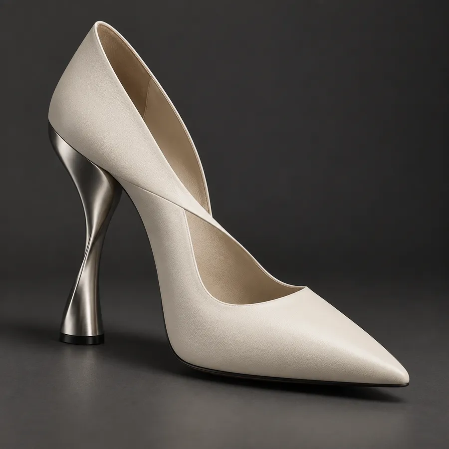 High-heel shoe concept with ivory leather upper and sculptural brushed-chrome heel