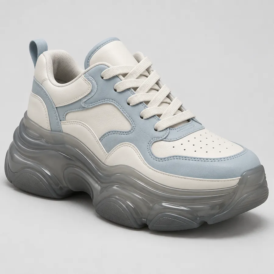 Platform sneaker concept in off-white leather with a translucent smoke-gray sculpted sole
