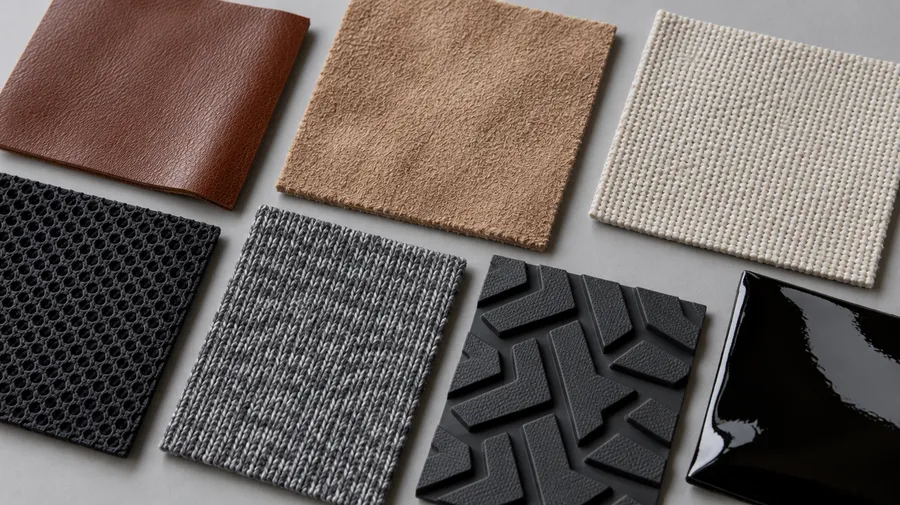 Footwear material swatches: brown leather, tan suede, canvas, mesh, knit, rubber tread, patent