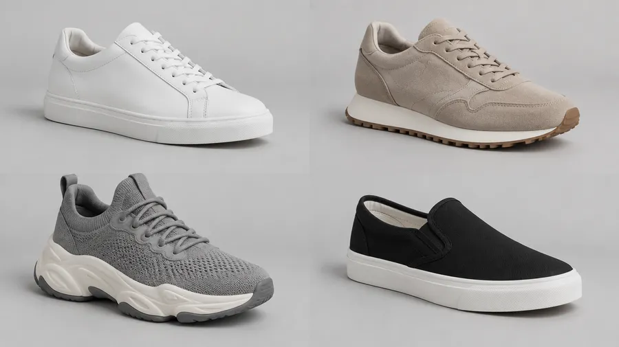 Four sneaker concepts in a grid: white low-top, sand runner, gray knit trainer, black slip-on