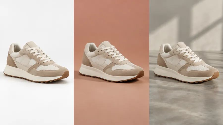 The same tan and cream sneaker concept shown on white, terracotta and concrete backgrounds