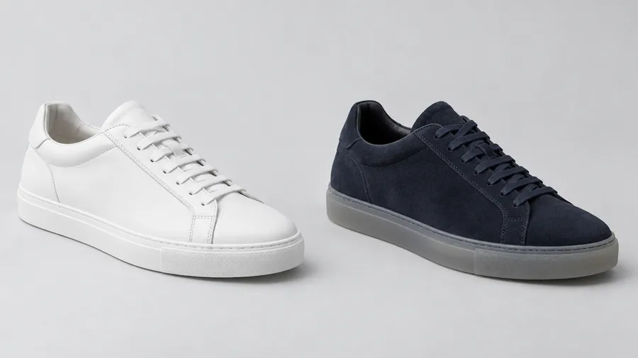 Same sneaker silhouette shown twice: white leather version and dark navy suede version