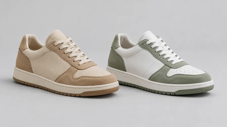 Two sneaker concepts side by side on a gray studio surface, sand canvas and white leather