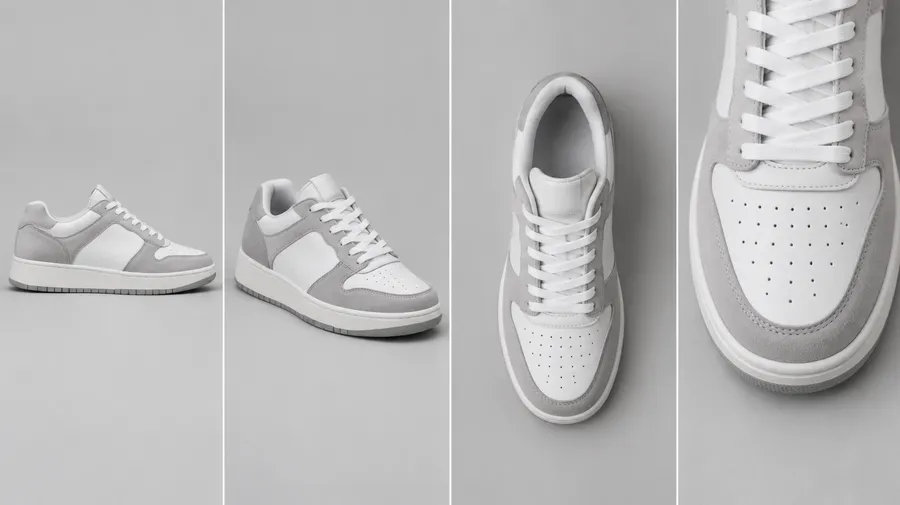One gray and white sneaker in four views: side profile, three-quarter, top-down and toe close-up