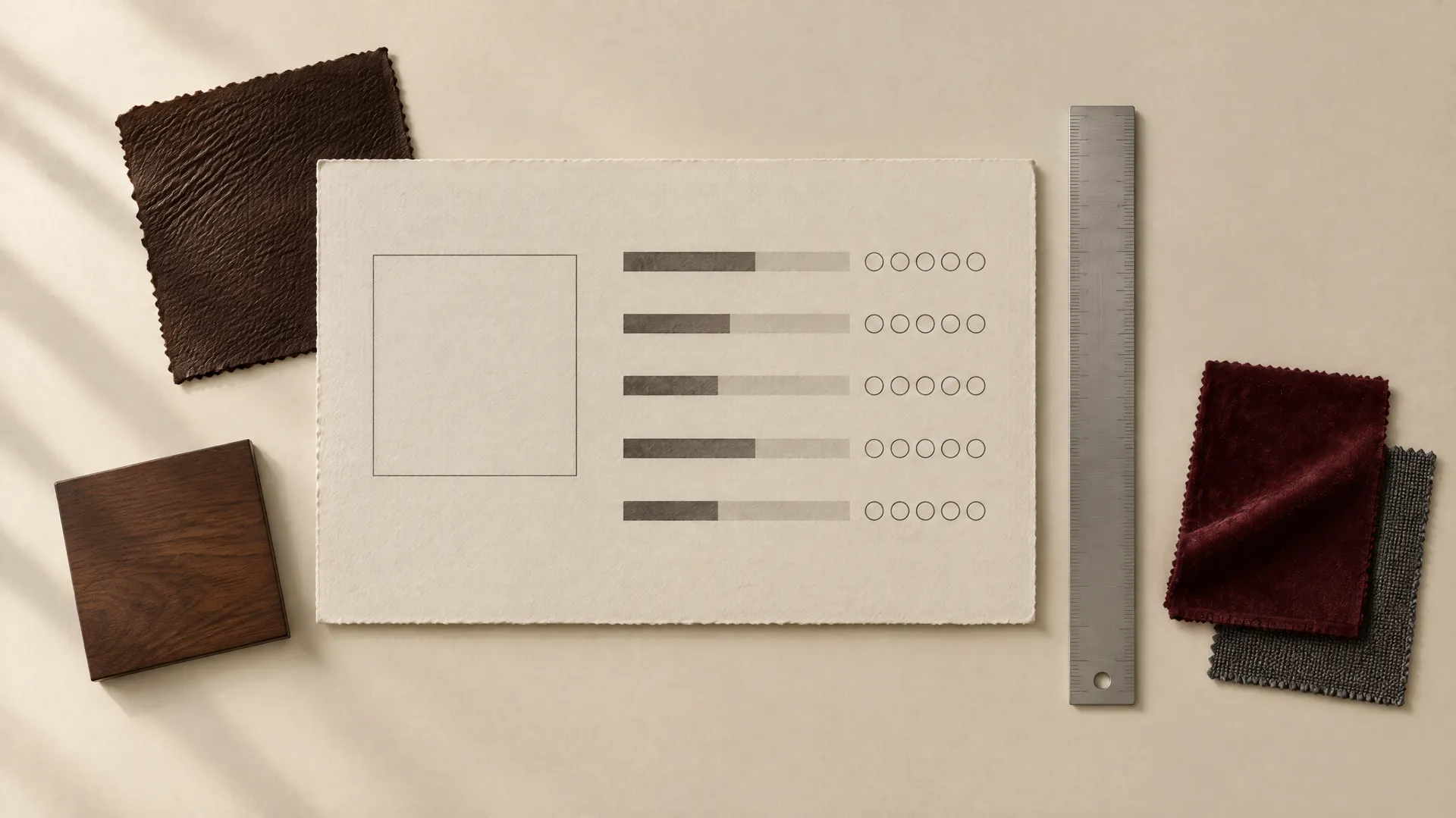 An AI-generated flat lay of a paper review card on a warm desk, an image placeholder beside five rating rows of five circles each, illustrating the five categories every test image is scored on from one to five; created on getimg.ai.