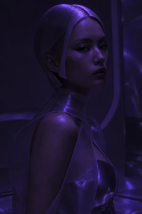 AI relighting example from the Relight Action on getimg.ai: a futuristic studio portrait of a woman with a platinum bob and clear silver outfit, relit in dim violet-purple light from overhead with downward shadows across her face.