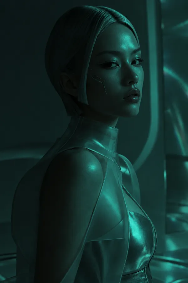 AI relighting example from the Relight Action on getimg.ai: the same futuristic portrait relit in dim, moody teal-green light that keeps her face and outfit low-key and shadowed.