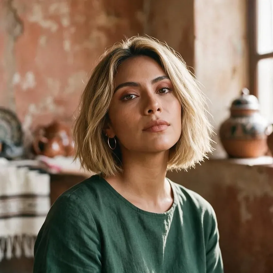 portrait of a young woman with a dirty blonde bob haircut, hairstyle edited using getimg.ai