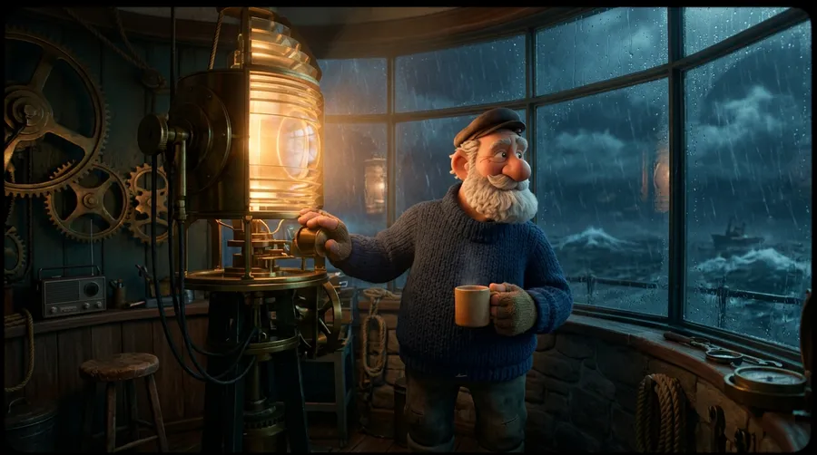 A 3D animated-style film still of a stylized elderly lighthouse keeper in a knit sweater inside a lamp room, stormy sea beyond the windows. Generated on getimg.ai.