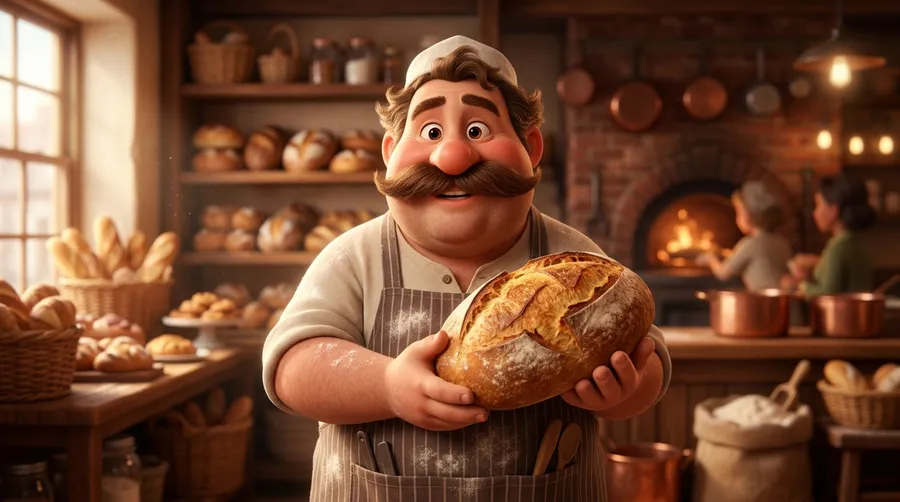 A 3D animated-style film still of a cheerful plump baker with a big mustache holding a fresh loaf in a warm bakery. Generated on getimg.ai.