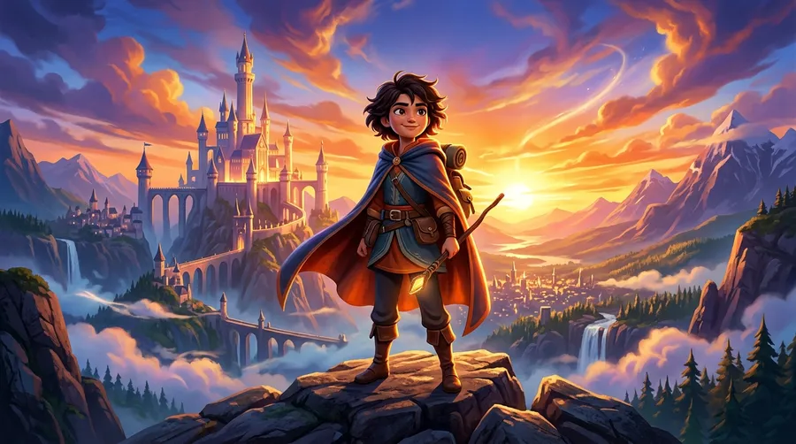 A 3D animated movie-poster-style scene of a young cloaked hero on a ridge with a fantasy castle and sunset sky. Generated on getimg.ai.