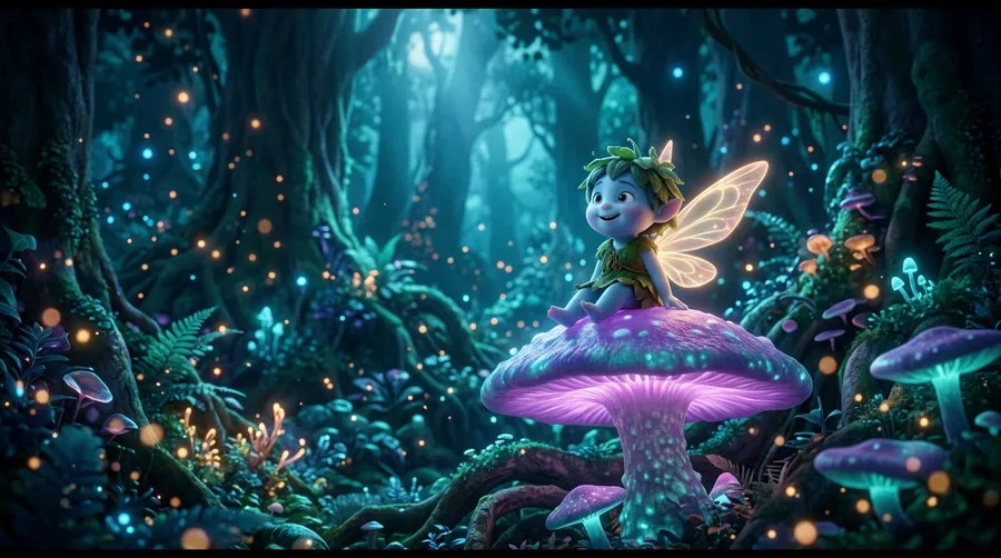 A 3D animated-style scene of a tiny winged forest sprite on a glowing mushroom in a magical night forest. Generated on getimg.ai.
