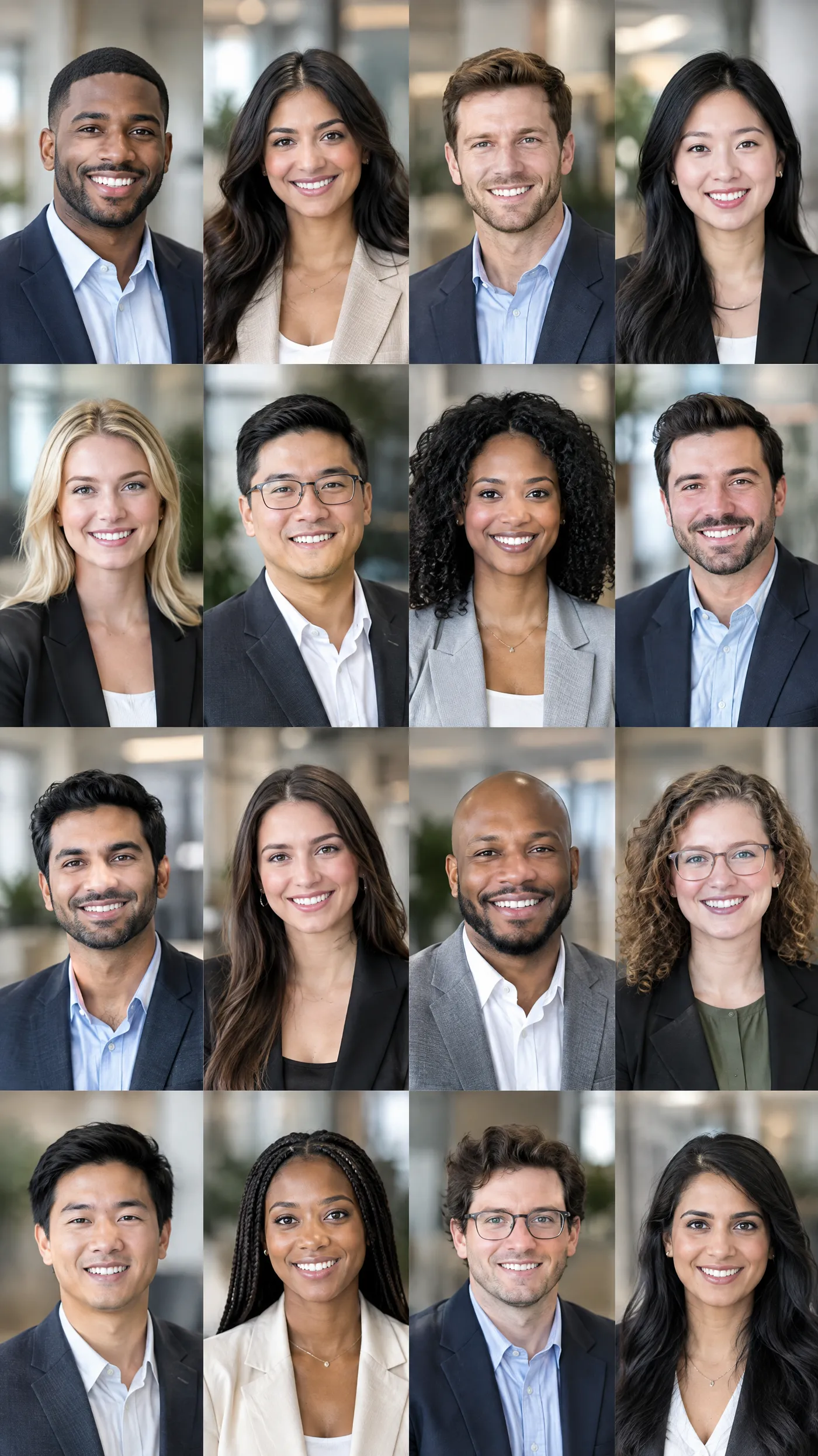 Grid of diverse professional team headshots with consistent lighting and office backgrounds.