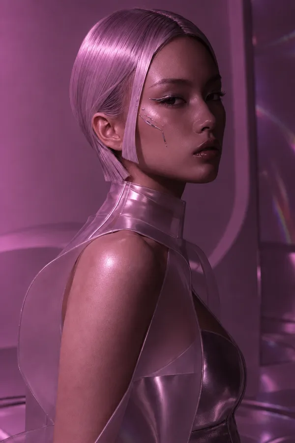 AI relighting example from the Relight Action on getimg.ai: the same futuristic portrait relit in soft magenta-purple light from the upper left, tinting her skin and hair pink.