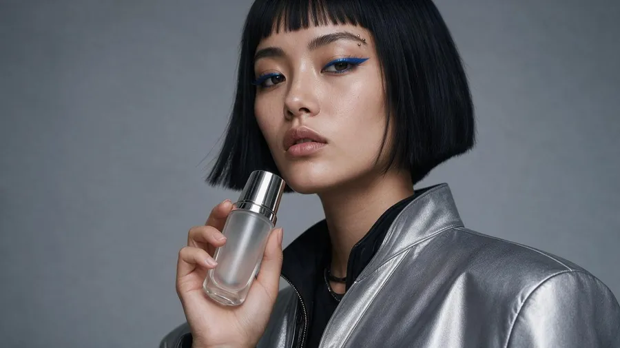  The AI character holding a frosted-glass serum bottle with a silver cap near her jaw on a grey studio background, an on-brand product shot generated with getimg.ai.