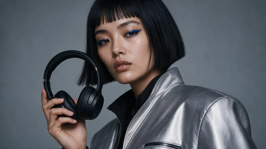 The AI character holding a pair of black over-ear headphones beside her face, tying the recurring character to a product in a getimg.ai brand campaign.
