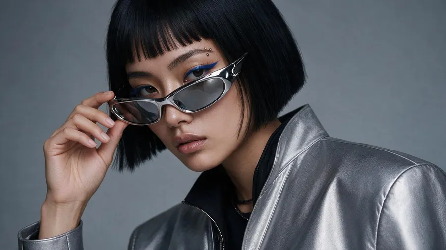 The AI character lowering chrome cat-eye sunglasses to reveal her cobalt-blue eyeliner, wearing the metallic silver jacket on a grey backdrop, an ad-variation shot made in getimg.ai.