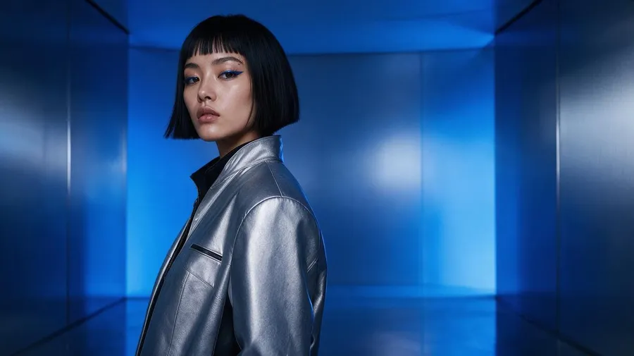 The AI character in her metallic silver jacket, seen in profile inside a cobalt-blue-lit corridor, one scene variation of the same character generated with getimg.ai.