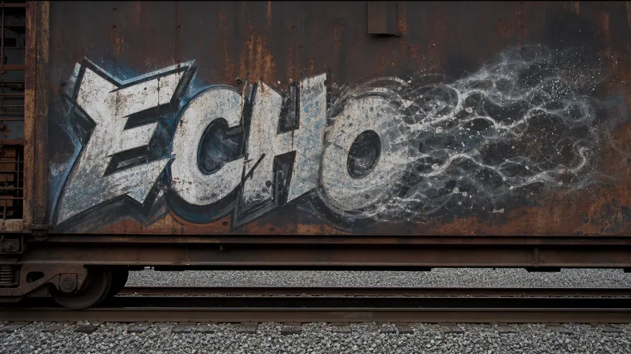 Graffiti piece spelling ECHO in bold letters trailing into smoke on a rusty freight train car, made with getimg.ai