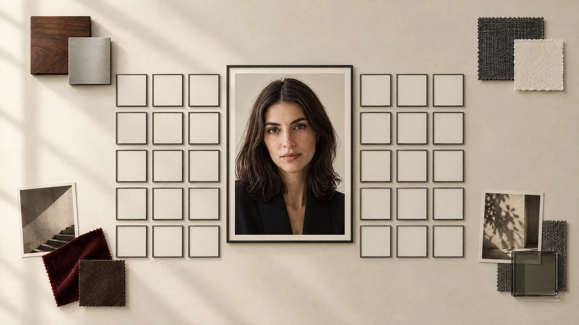 An AI-generated styling wall showing one framed portrait of the recurring persona Mara at the center, flanked by rows of empty frames and graphite, cream and burgundy fabric swatches, standing in for one identity about to be stretched across 30 posts; created on getimg.ai.