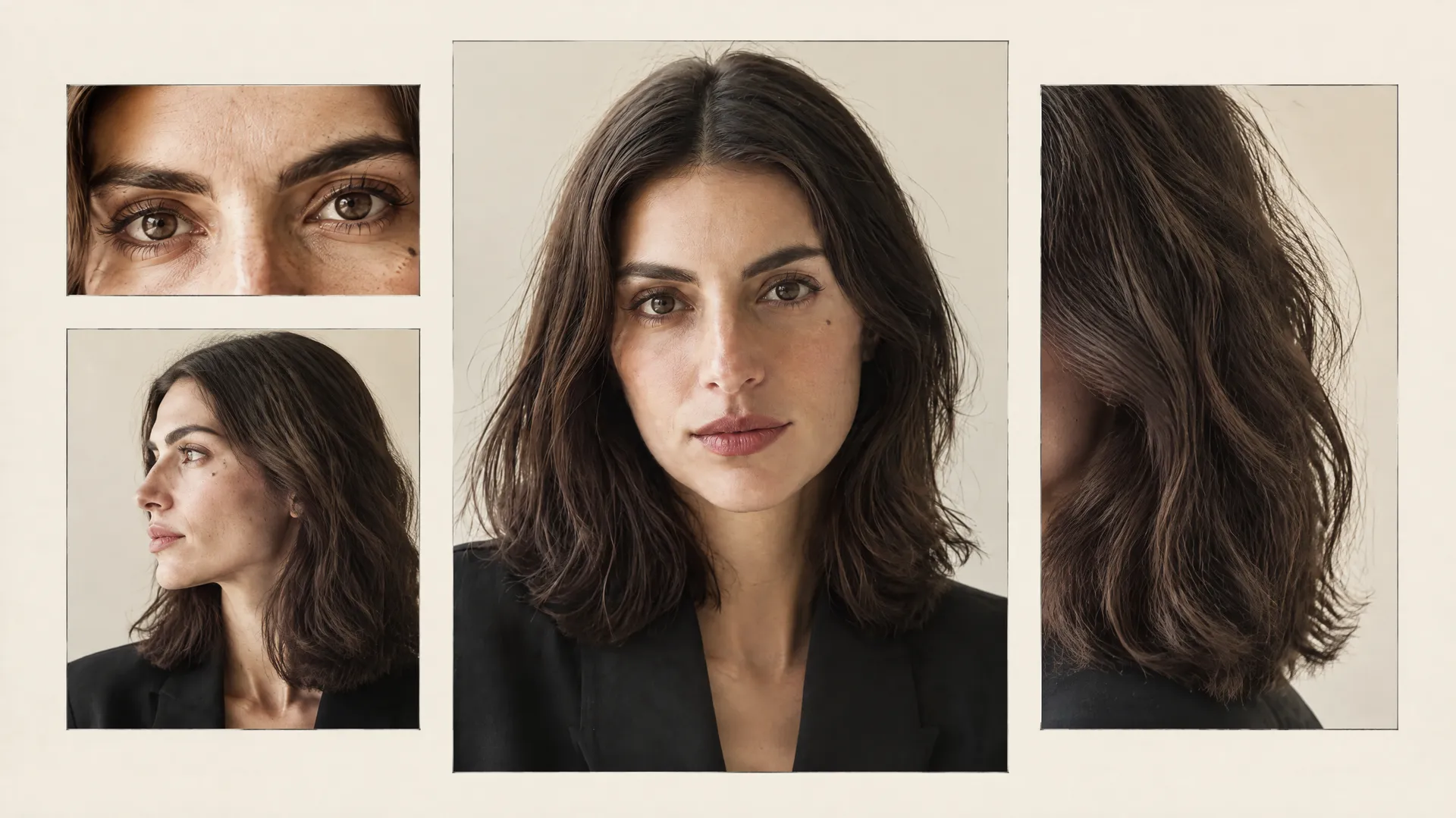 An AI-generated identity board pairing a central portrait of Mara with macro crops of her eye, profile and hair, standing in for the stable identity layer of the system; created on getimg.ai.