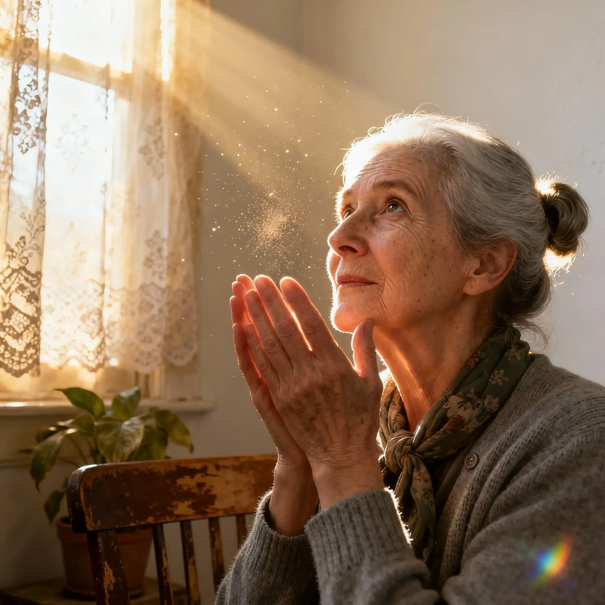 elderly woman smiling near sunlit window