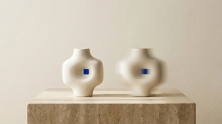 featured image for a blog post about slow vs. fast motion in AI video, showing two matching sculptural white ceramic vases with small blue accents on a stone pedestal, one vase appears sharp and still while the other is blurred by rapid sideways movement, visually contrasting slow and fast motion, generated with getimg.ai.