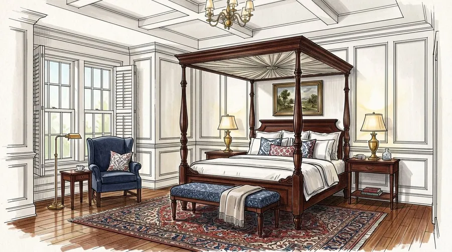 realistic, handmade interior design sketch of an elegant bedroom in a traditional colonial style, generated on getimg.ai