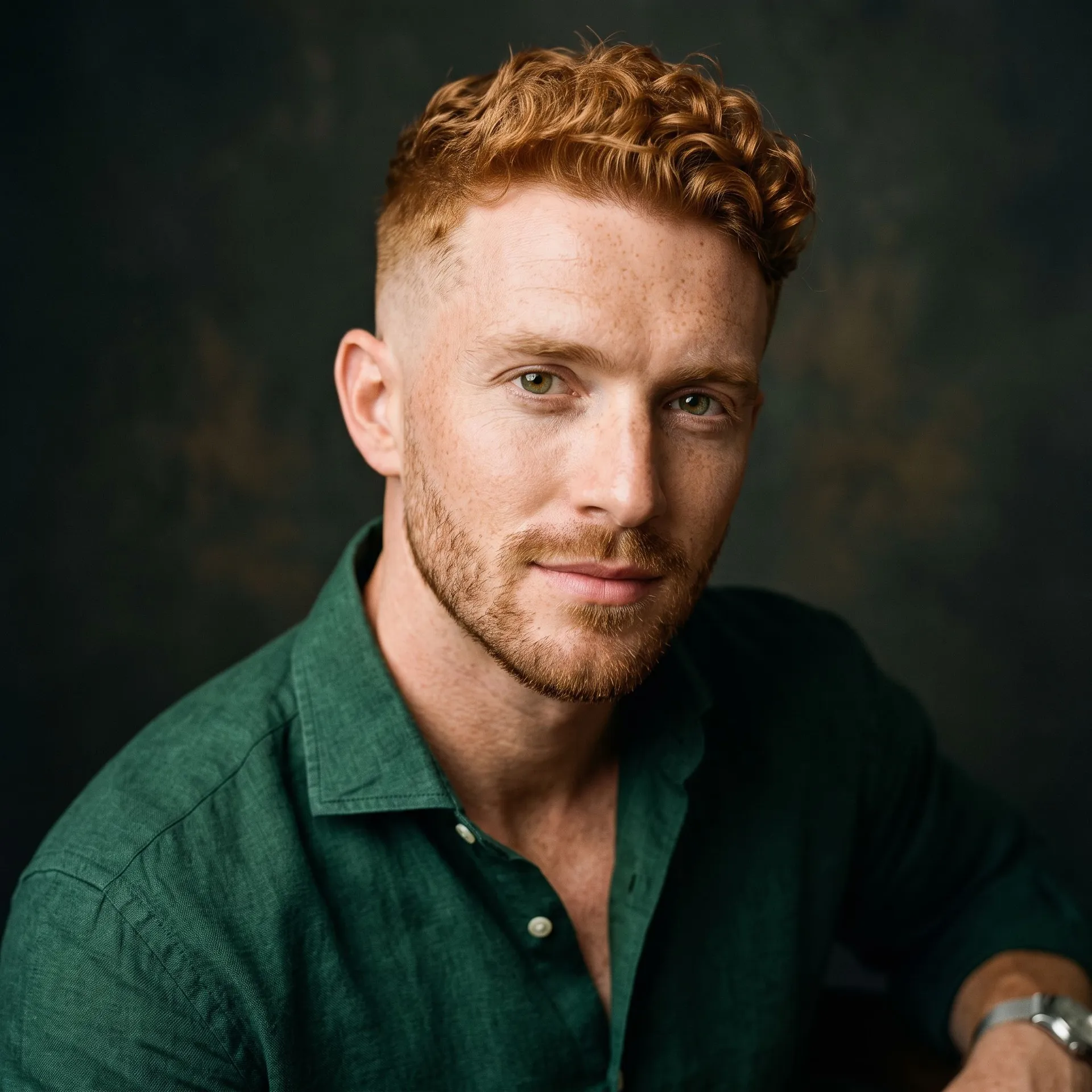 portrait photo of a man in a green shirt with curly ginger hair and a fade, source image for hairstyle swap on getimg.ai