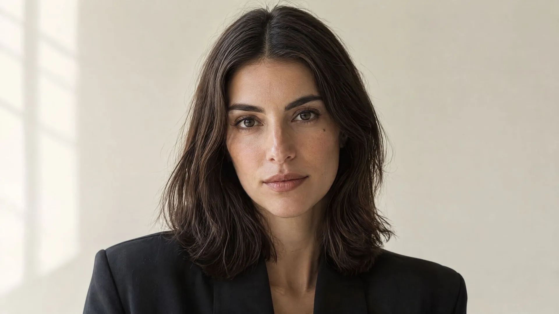 Realistic studio portrait of a dark-haired woman in a black blazer against a soft neutral wall, used as the reference photo fed into the AI Sticker maker on getimg.ai to make stickers from a photo.