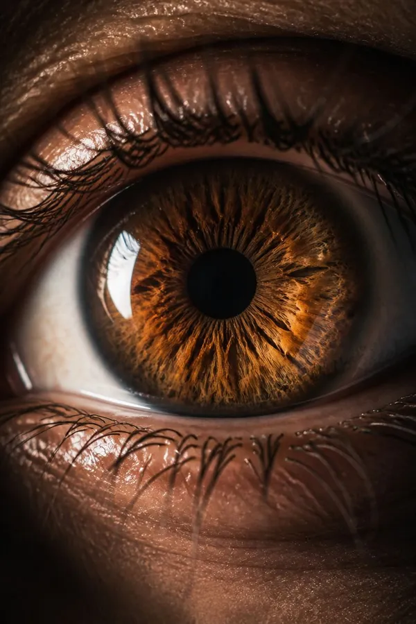 Extreme macro close-up of a human eye with a detailed amber-brown iris and dark lashes, used as one state in a match-cut AI image transition. Example for the Image transition Action on getimg.ai.