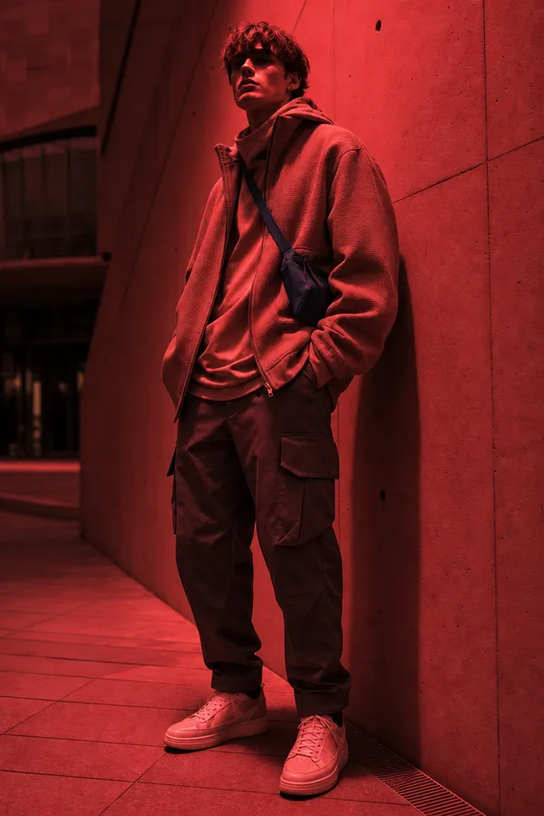 After a very strong AI relight on getimg.ai: the same street portrait flooded with intense red light from overhead, turning the wall and his clothes deep red and cutting hard, deep shadows, an example of relighting pushed to an extreme.