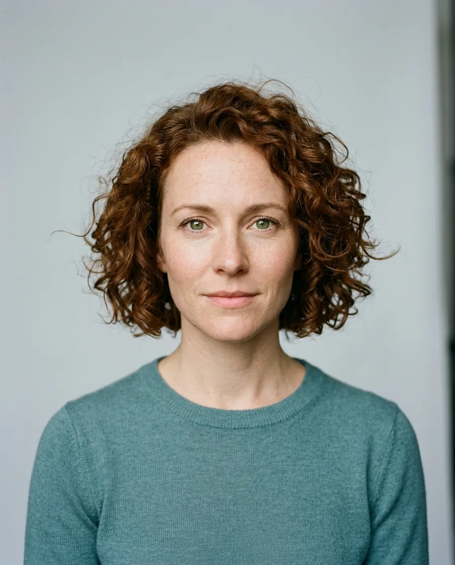 Studio headshot of a fictional woman with short curly auburn hair, freckles and green eyes, generated on getimg.ai and used as the face photo to recast a presenter video