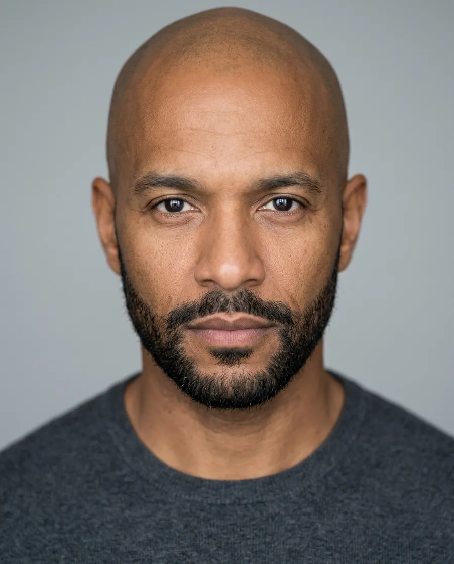Studio headshot of a fictional man with a shaved head and trimmed dark beard, generated on getimg.ai and used as the face photo for a video face swap
