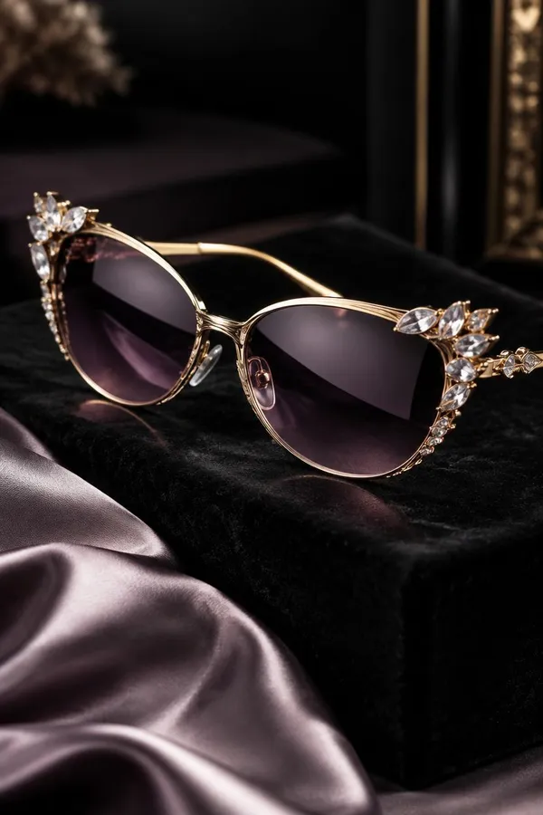 Product photo example for the Product orbit Action on getimg.ai: a pair of gold cat-eye sunglasses with crystal-encrusted temples and gradient purple lenses resting on a black velvet block, with dusty-pink silk draped in front against a dark, moody backdrop.