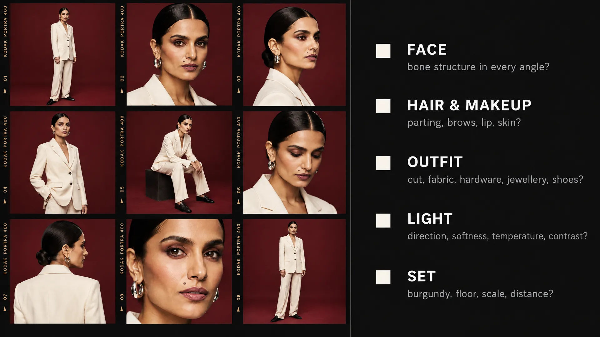 Contact sheet of the twelve-shot AI photoshoot of a fictional model in a cream suit on burgundy, next to a review checklist for face, hair and makeup, outfit, light and set, generated on getimg.ai in a guide to creating an AI photoshoot from one photo