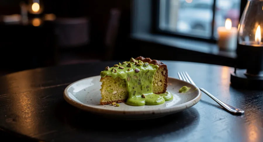 Moody restaurant photo of a half-eaten slice of pistachio cake on a plate with a fork, generated on getimg.ai with FLUX.2 [klein] for an AI image realism test.