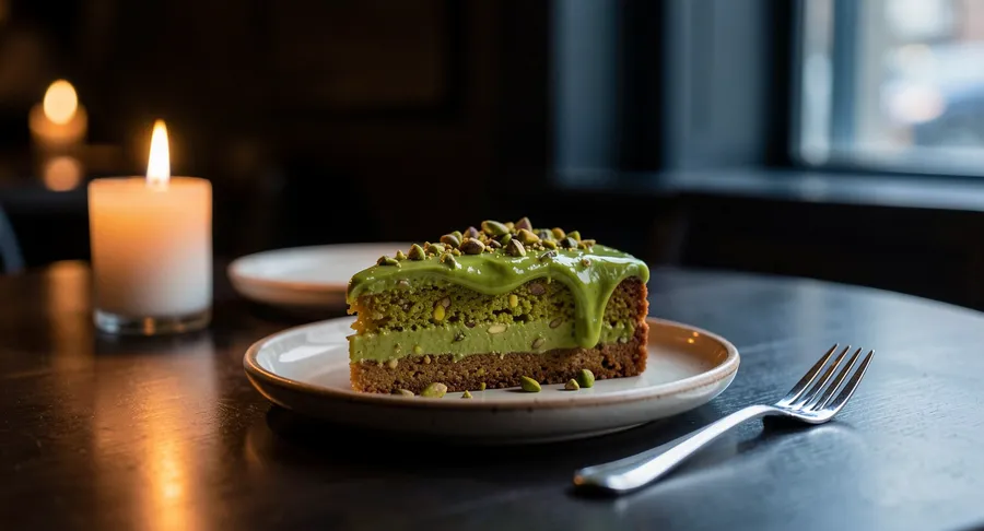 Moody restaurant photo of a half-eaten slice of pistachio cake on a plate with a fork, generated on getimg.ai with FLUX.2 [klein] for an AI image realism test.
