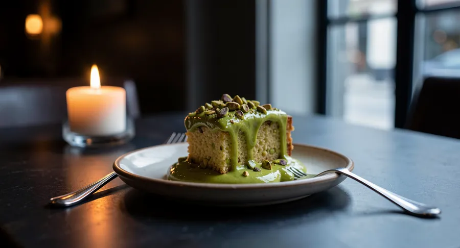 Moody restaurant photo of a half-eaten slice of pistachio cake on a plate with a fork, generated on getimg.ai with FLUX.2 [klein] for an AI image realism test.