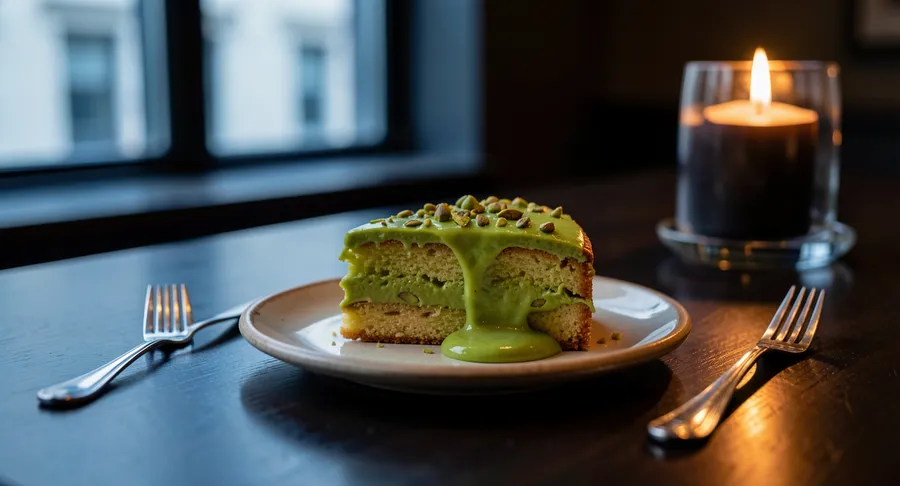 Moody restaurant photo of a half-eaten slice of pistachio cake on a plate with a fork, generated on getimg.ai with FLUX.2 [klein] for an AI image realism test.