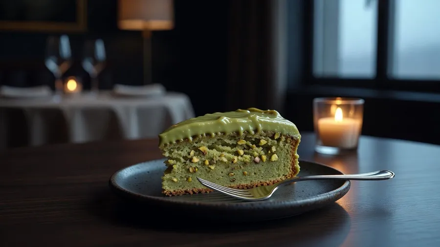 Moody restaurant photo of a half-eaten slice of pistachio cake on a plate with a fork, generated on getimg.ai with Grok Imagine for an AI image realism test.