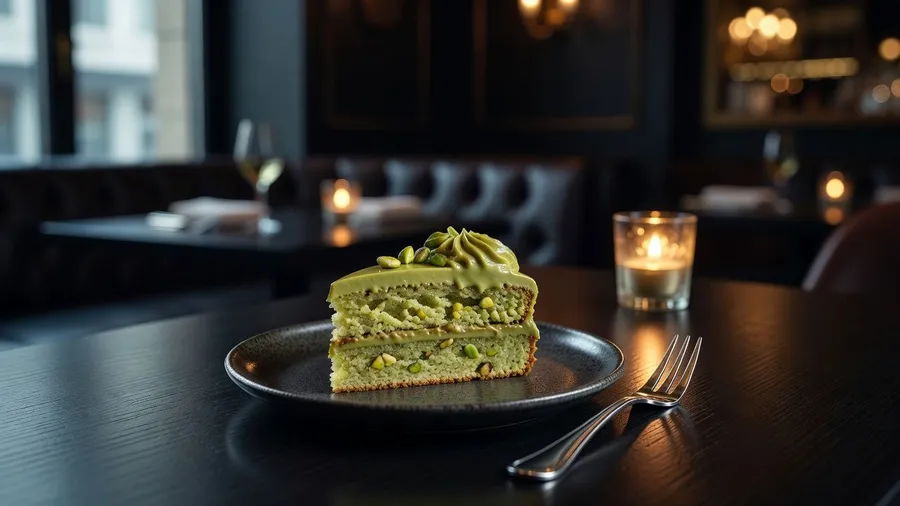 Moody restaurant photo of a half-eaten slice of pistachio cake on a plate with a fork, generated on getimg.ai with Grok Imagine for an AI image realism test.