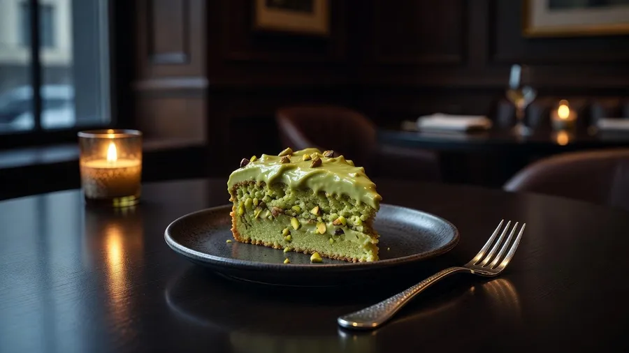 Moody restaurant photo of a half-eaten slice of pistachio cake on a plate with a fork, generated on getimg.ai with Grok Imagine for an AI image realism test.