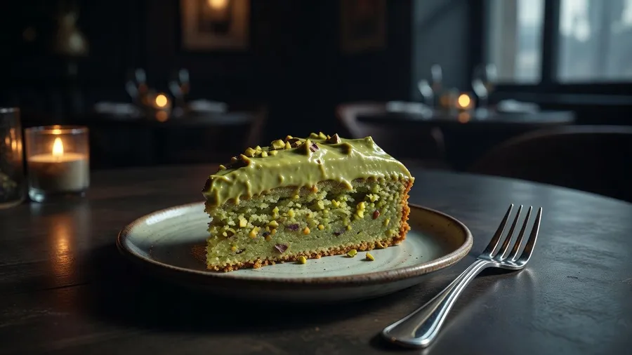 Moody restaurant photo of a half-eaten slice of pistachio cake on a plate with a fork, generated on getimg.ai with Grok Imagine for an AI image realism test.